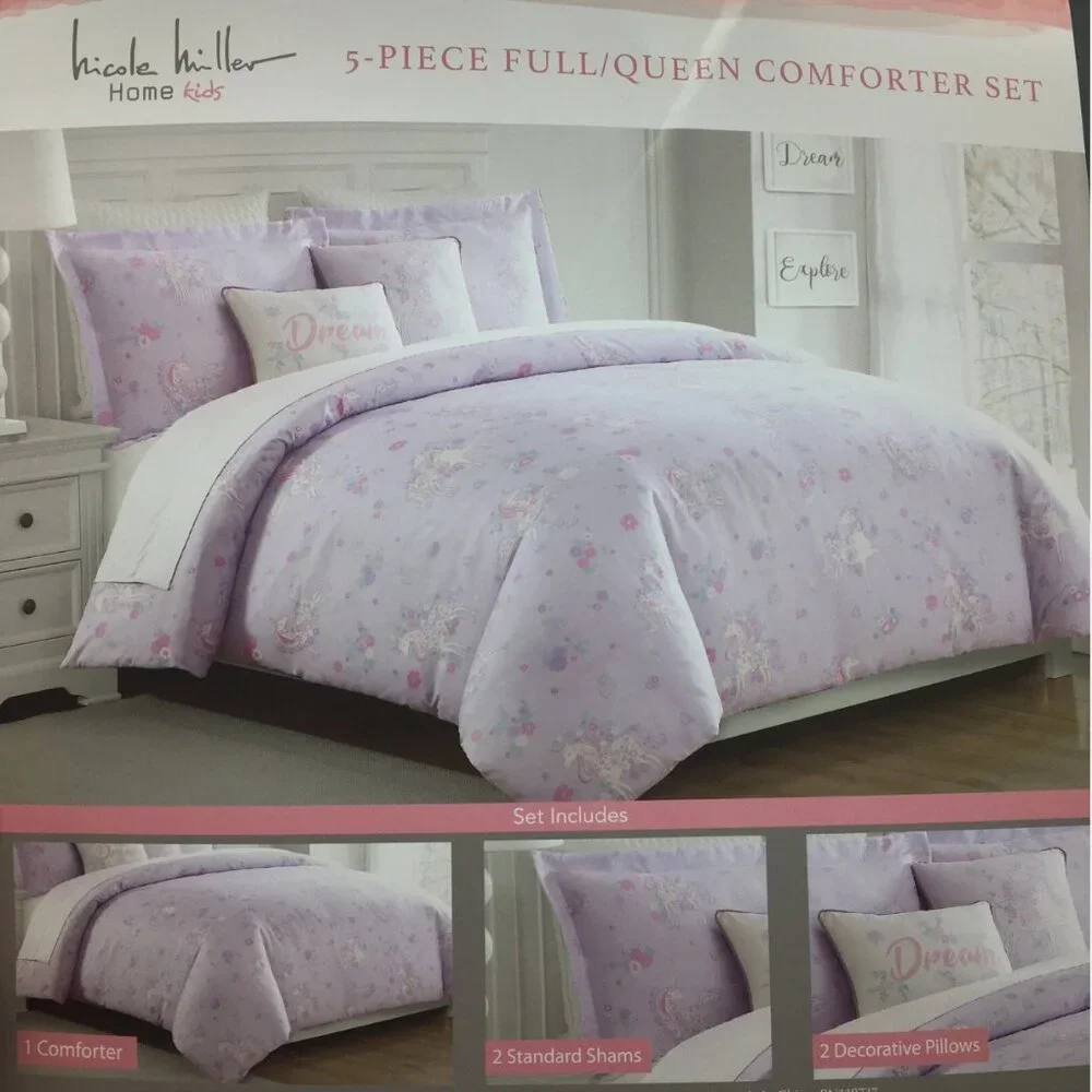 5pc Nicole Miller Unicorn FULL QUEEN Comforter Sham 2 Pillows Set Floral Purple
